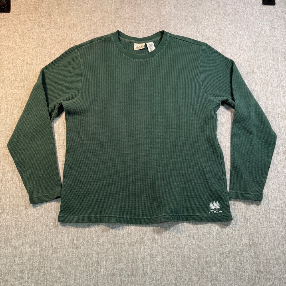 LL Bean Mens Waffle Knit Thermal Shirt Green Long Sleeve Tree Logo M Regular